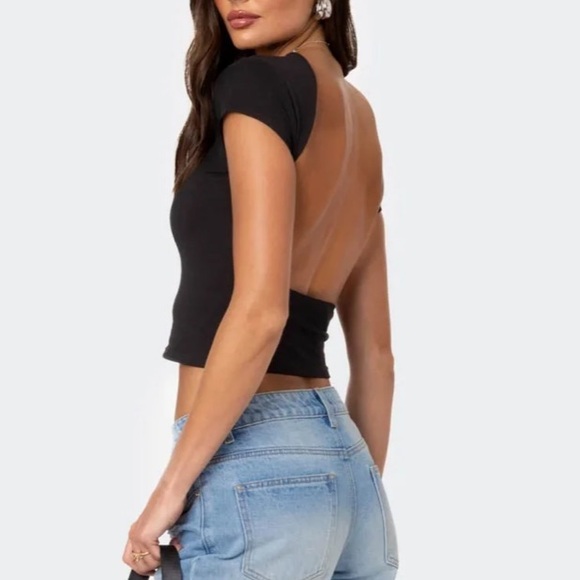 NWT Edikted Black Bambi Open-Back T-Shirt Top Crop Round Neck Cotton Casual M - Picture 9 of 9